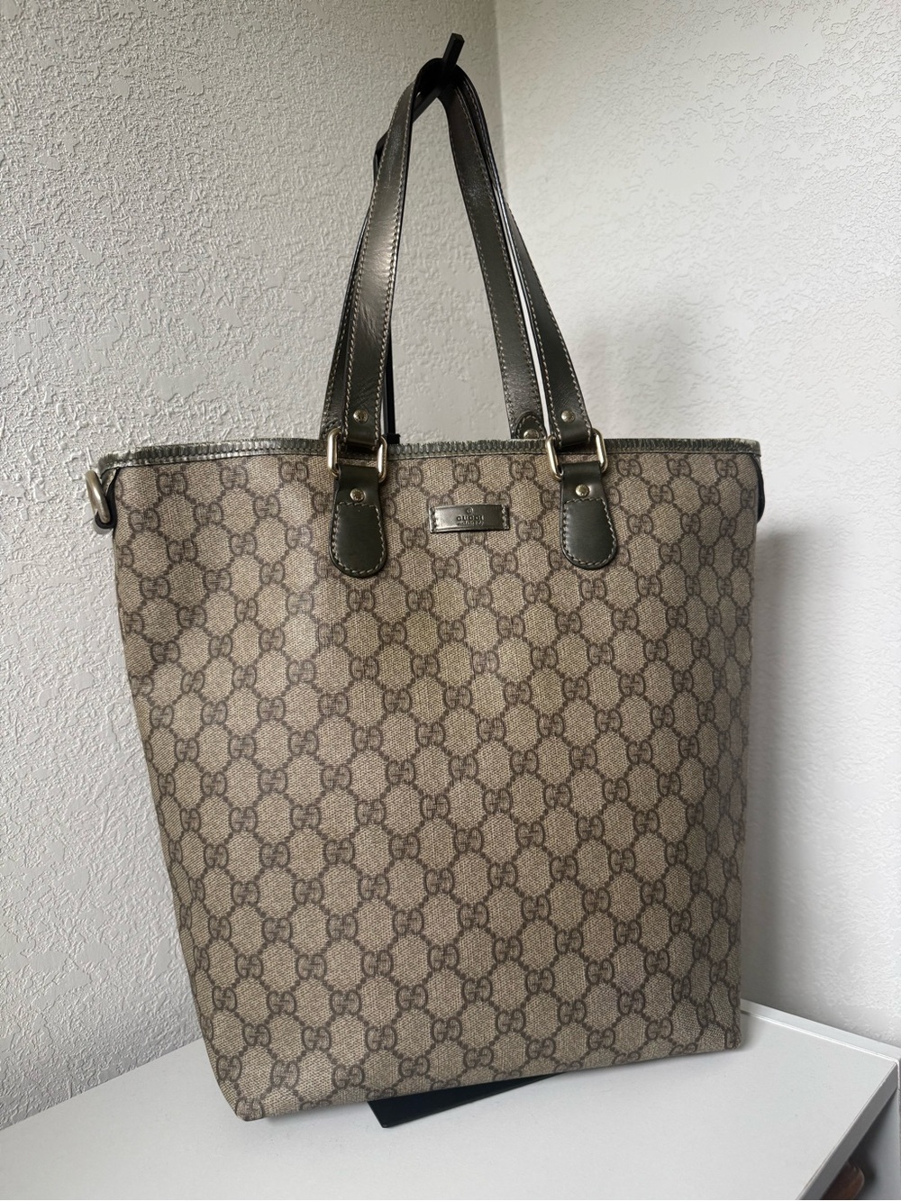 Gucci Beige Monogram Canvas Tote with Dark Metallic Green Trim